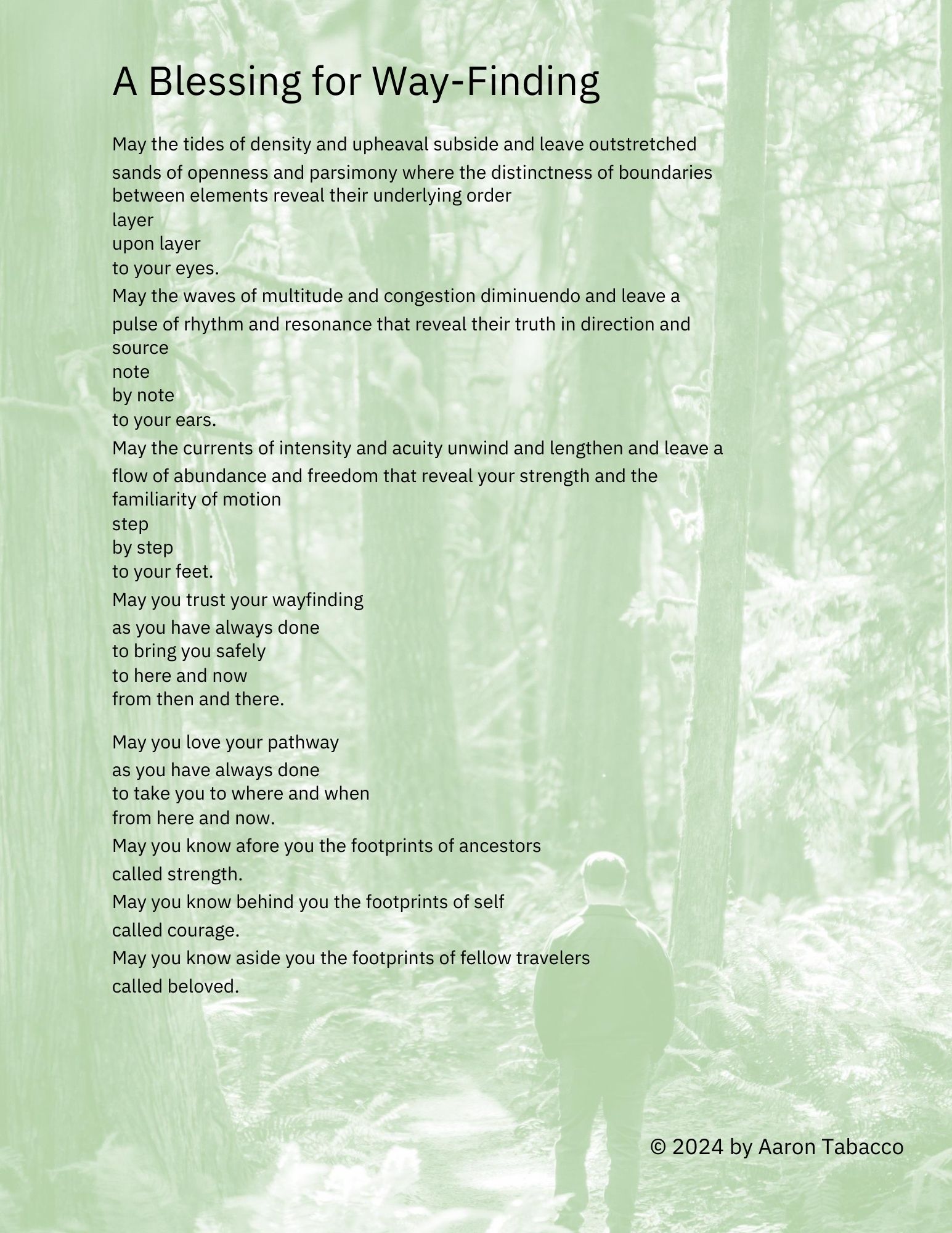 'A Blessing for Way-Finding' by Aaron Tabacco. The text offers a poetic blessing, encouraging connection with one's strength and instincts. It speaks about finding clarity, knowing when to act or rest, and trusting your journey. The background features a serene, wooded path with two people walking, creating an atmosphere of reflection and exploration.